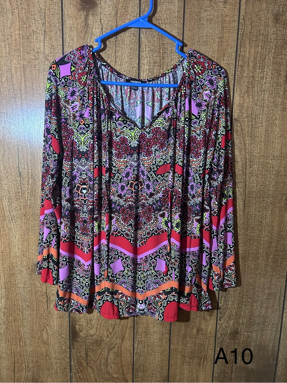Premise Women’s M Paisley Boho Tunic Blouse Multicolor Long Sleeve Tie Neck